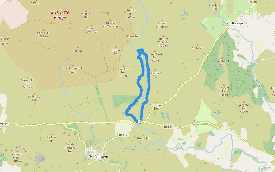 Beardown Farm walking route map in Princetown