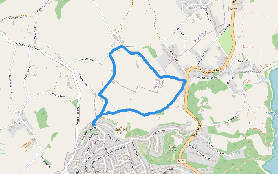 Sladnor Park - Claddon Ln walking route map in Torquay