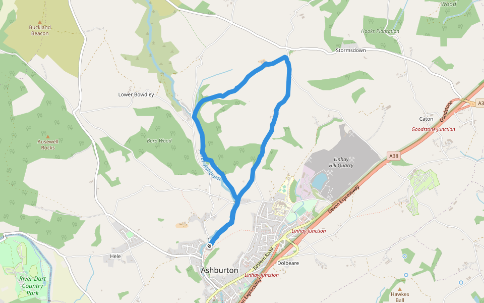 Pennsland Lane walking route map in Ashburton