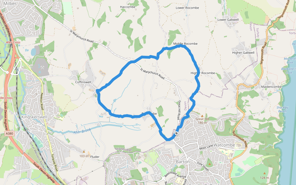 Deerpark Lane walking route map in Torquay