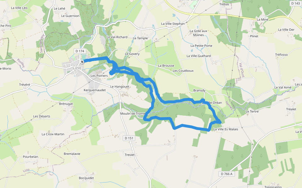 Manoir de Tromeur walking route map in Lizio