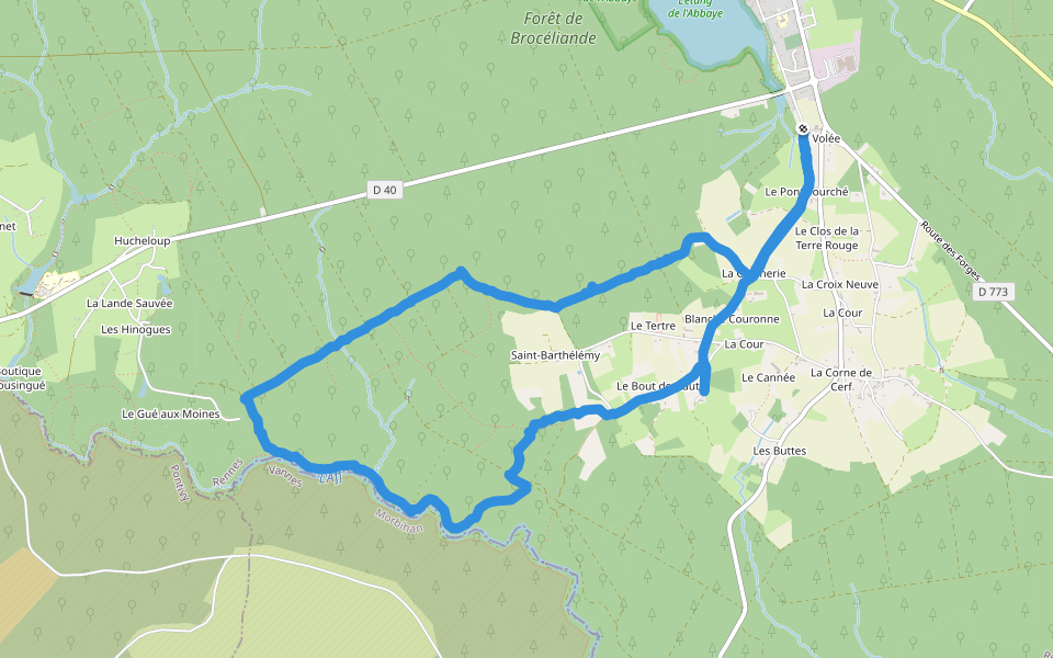 Ligne de Roche Plate walking route map in Paimpont