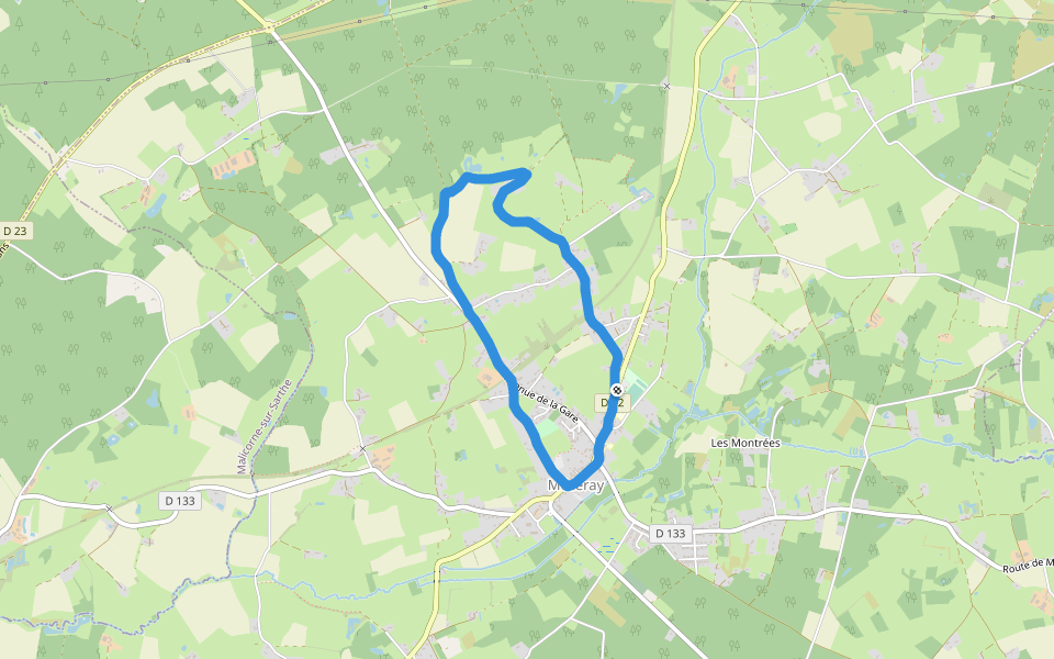 Place de la Bascule walking route map in Mezeray