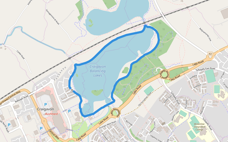 Craigavon Balancing Lakes walking route map in Craigavon