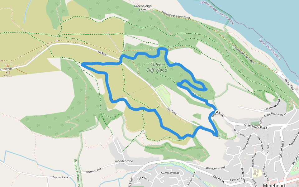 Culver Cliff Wood walking route map in Minehead