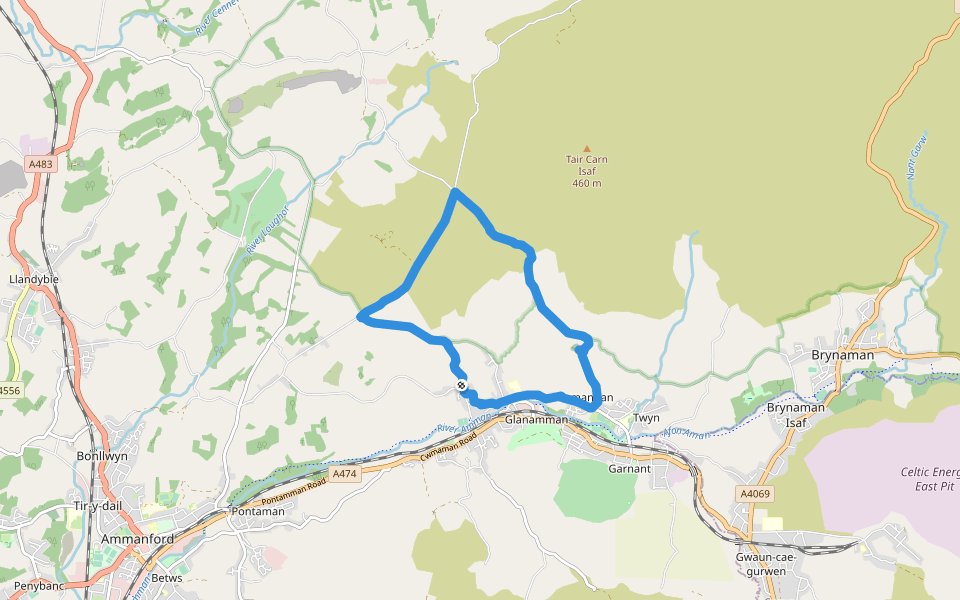 walk or endurance training walking route map in Glanaman