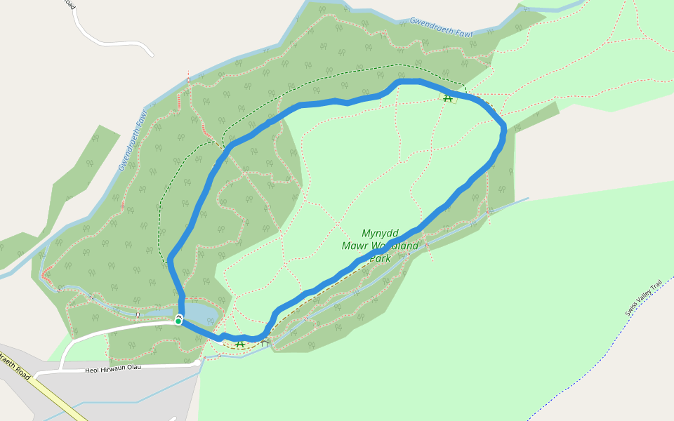 Mynydd Mawr Woodland Park walking route map in Tumble