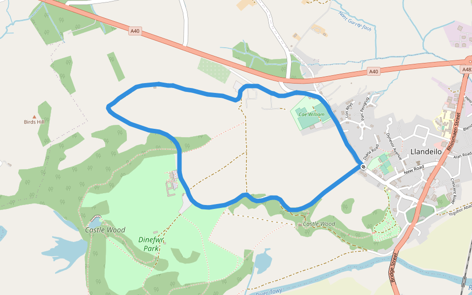 Castle Wood walking route map in Llandeilo