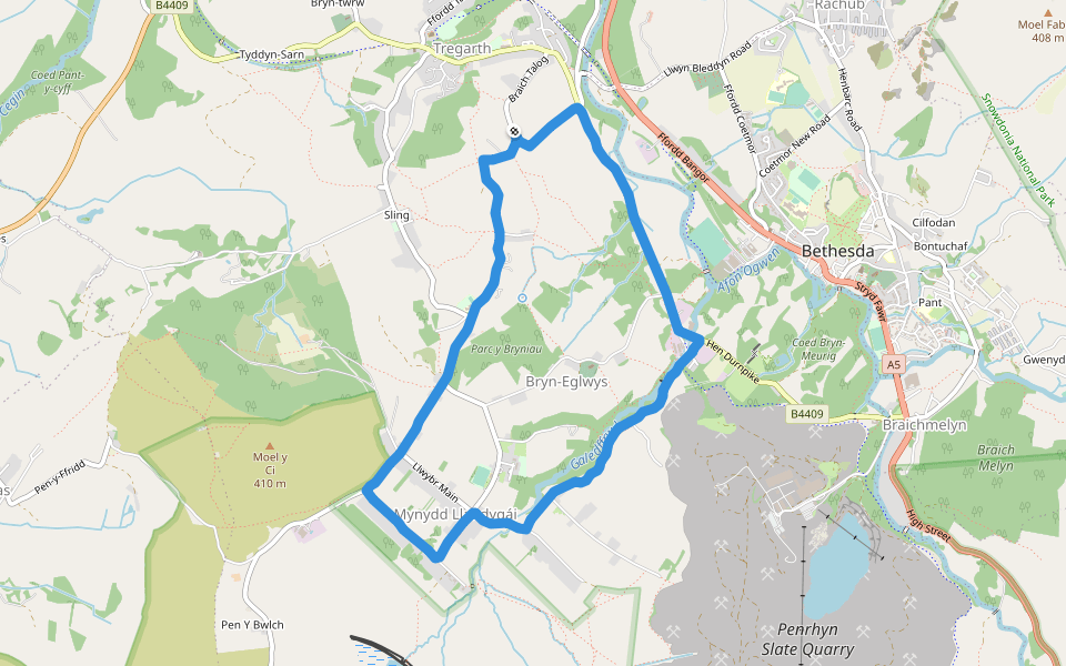 Lon Las Ogwen walking route map in Tregarth