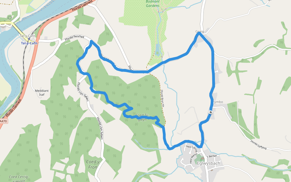 Coed Ty-gwyn walking route map in Eglwysbach