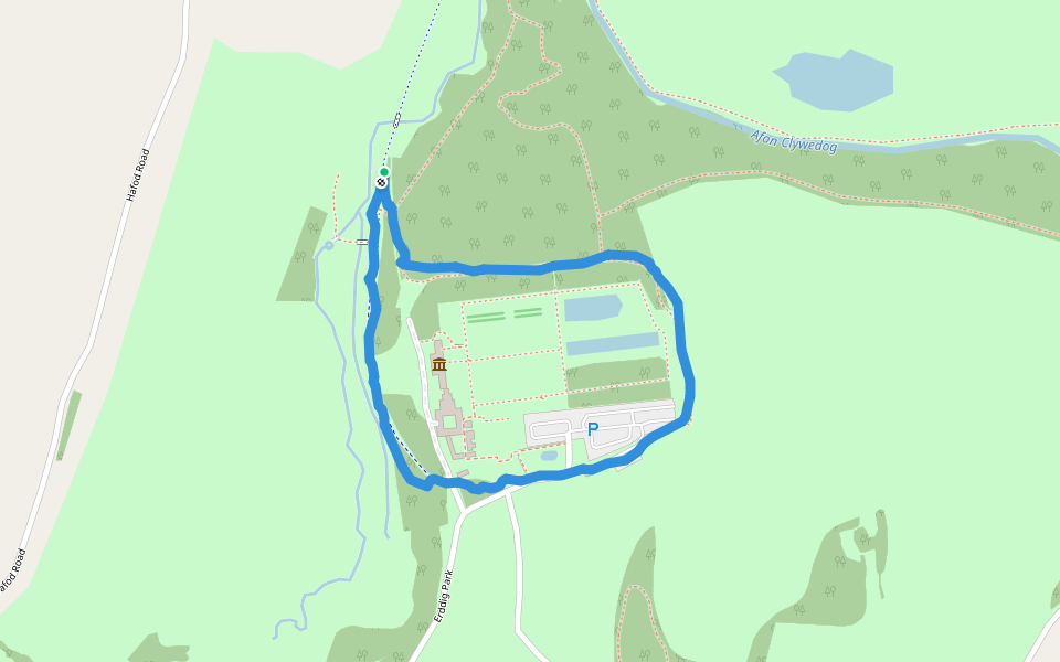 Erddig Park walking route map in Marchwiel