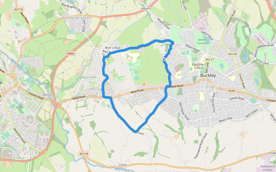 Alltami Brook walking route map in Buckley
