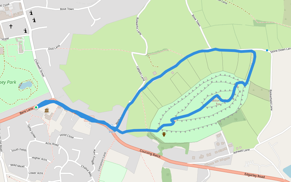 St. Michael's Tower - Chilkwell Street walking route map in Glastonbury