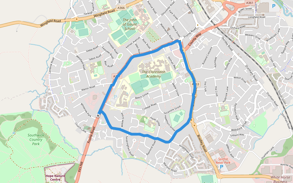 Wiltshire College (Trowbridge Campus) walking route map in Trowbridge