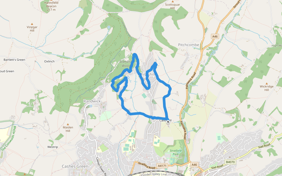 Standish Wood - Lower Street walking route map in Stroud