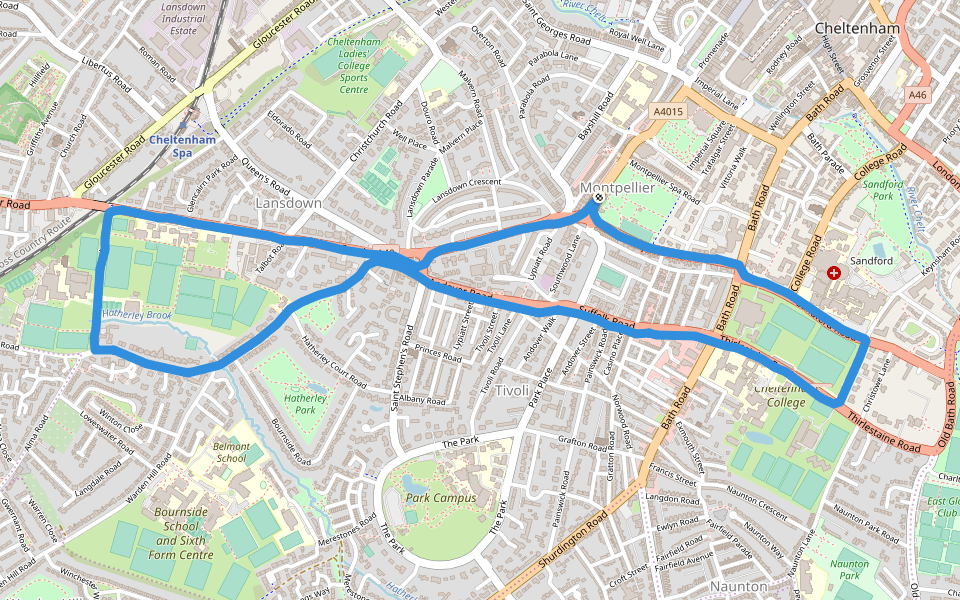 Montpellier Gardens walking route map in Cheltenham