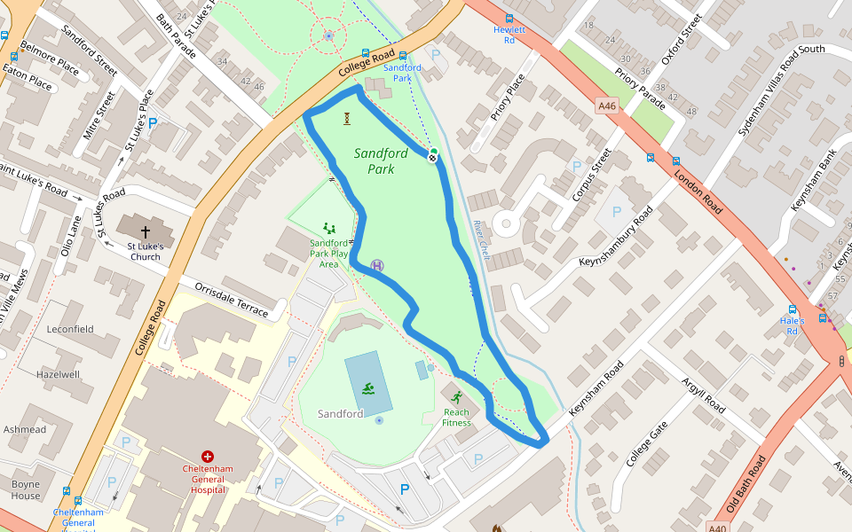 Sandford Park walking route map in Cheltenham
