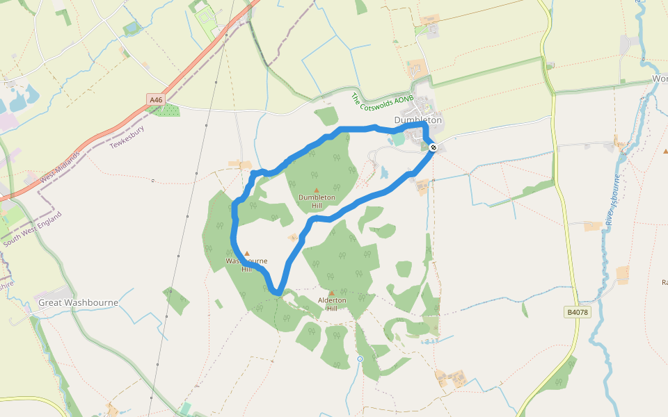 Dumbleton Hill - Washbourne Hill walking route map in Dumbleton