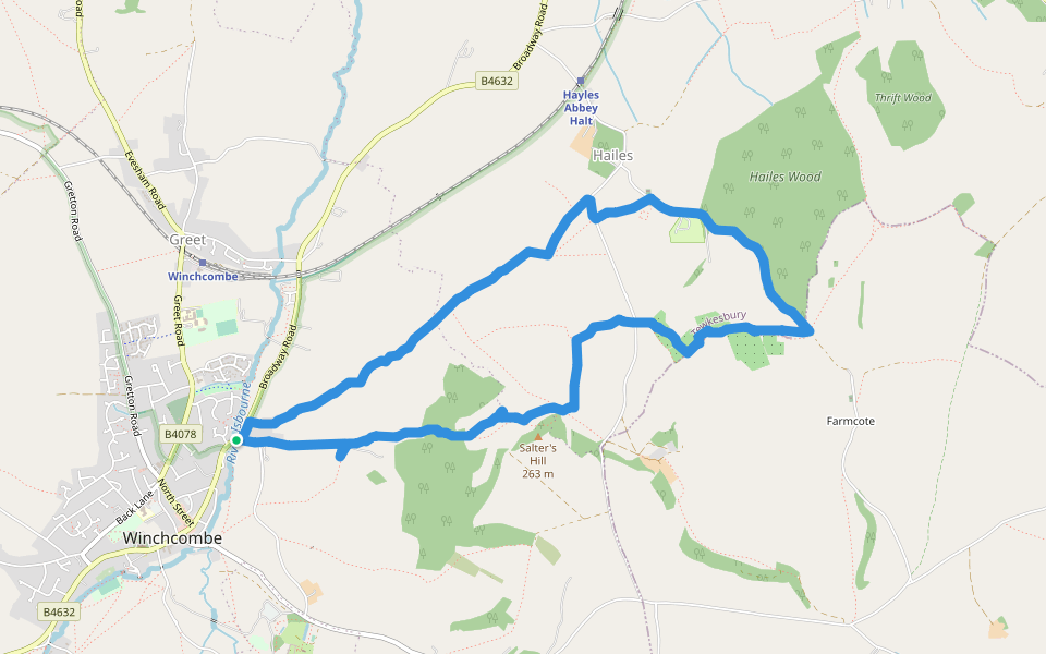 Puck Pit Lane walking route map in Winchcombe