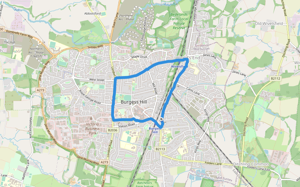 Sidney West Recreation Ground walking route map in Burgess Hill