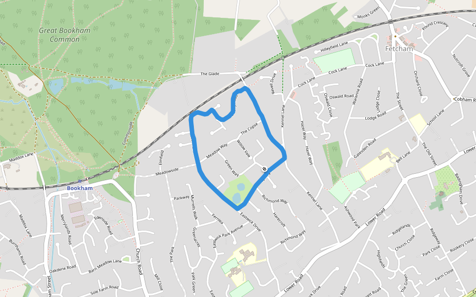 Long Copse walking route map in Fetcham