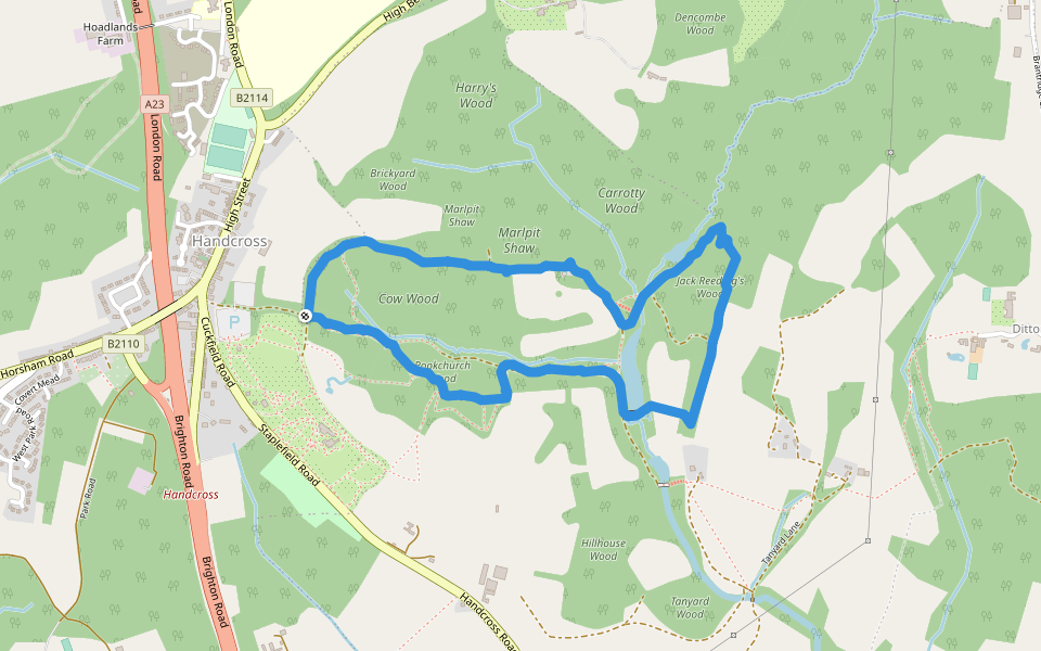 Cow Wood walking route map in Handcross