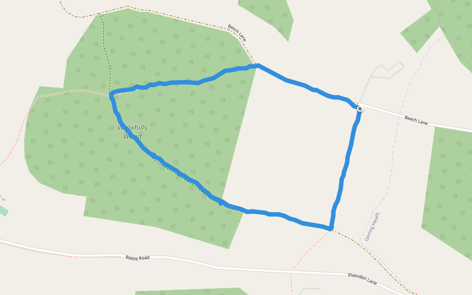 Wroxhills Wood walking route map in Woodcote