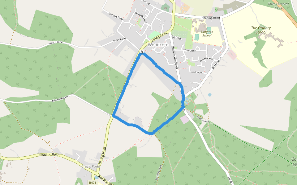 Greenmore Ponds walking route map in Woodcote
