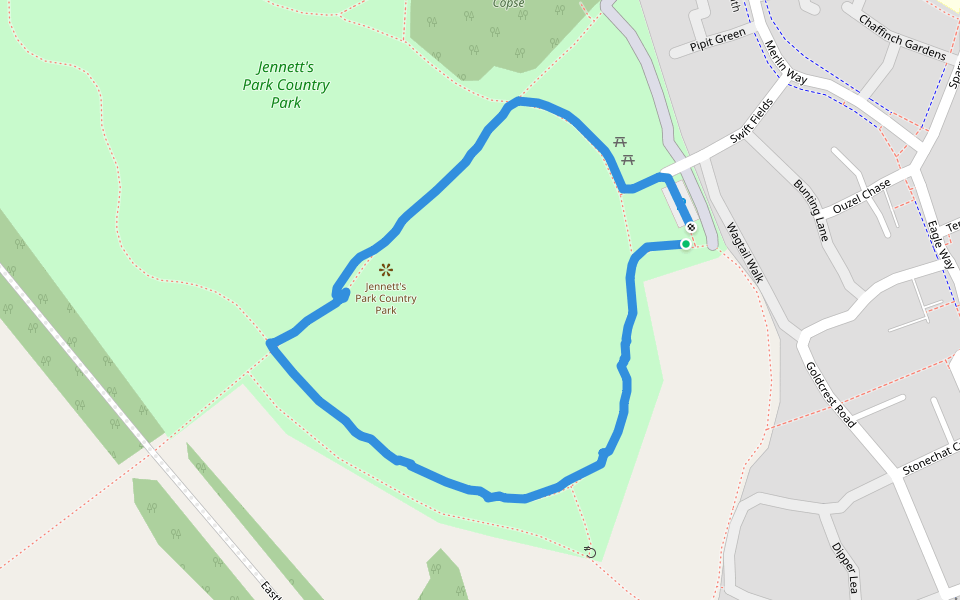 Jennett's Park Country Park walking route map in Bracknell