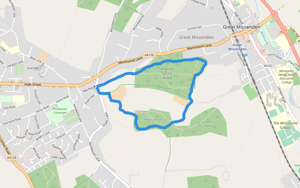 Angling Spring Wood walking route map in Prestwood
