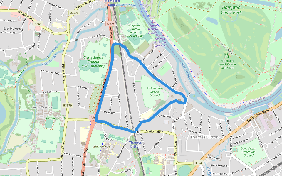 Kingston Grammar School Sport Ground walking route map in Thames Ditton