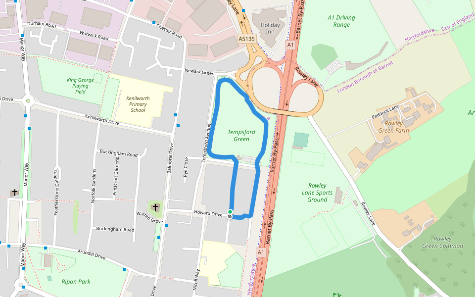 Tempsford Green walking route map in Borehamwood