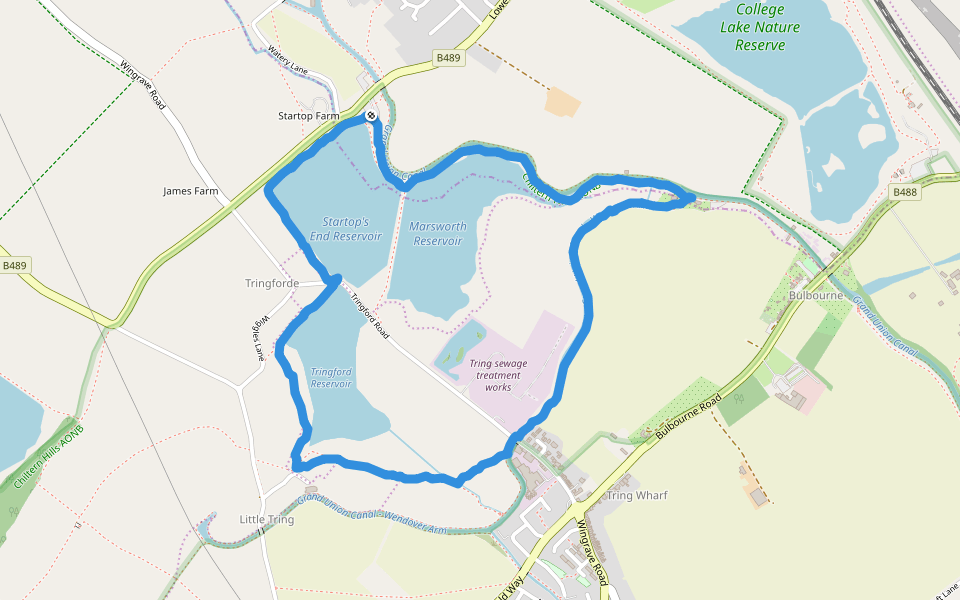 Tringford Reservoir walking route map in Marsworth