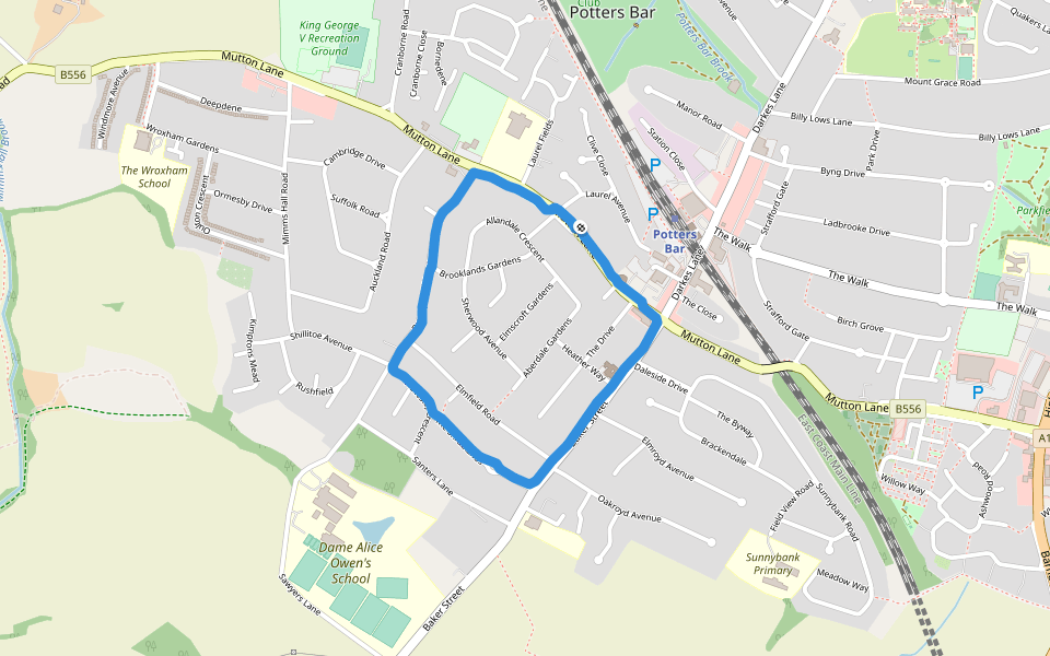 Potters Bar Memorial Gardens walking route map in Potters Bar