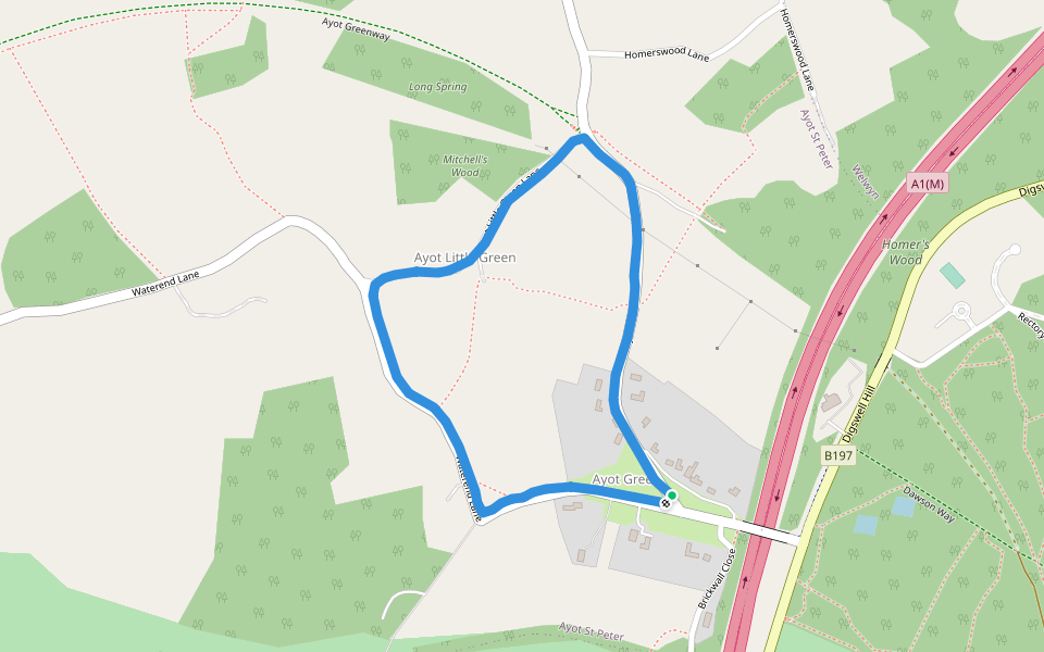 Mitchell's Wood walking route map in Ayot Saint Peter