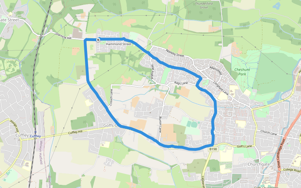 Gladding Road Open Space walking route map in Cheshunt