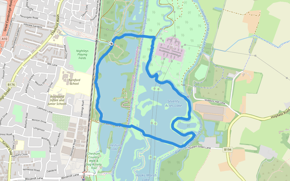 Seventy Acres Lake walking route map in Cheshunt