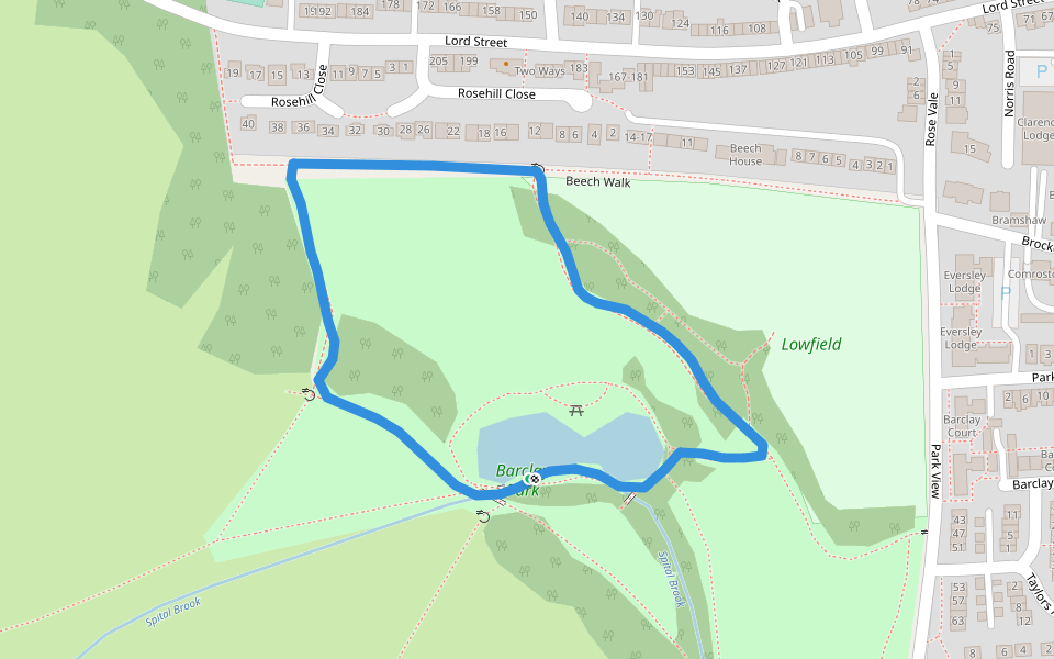 Barclay Park walking route map in Hoddesdon