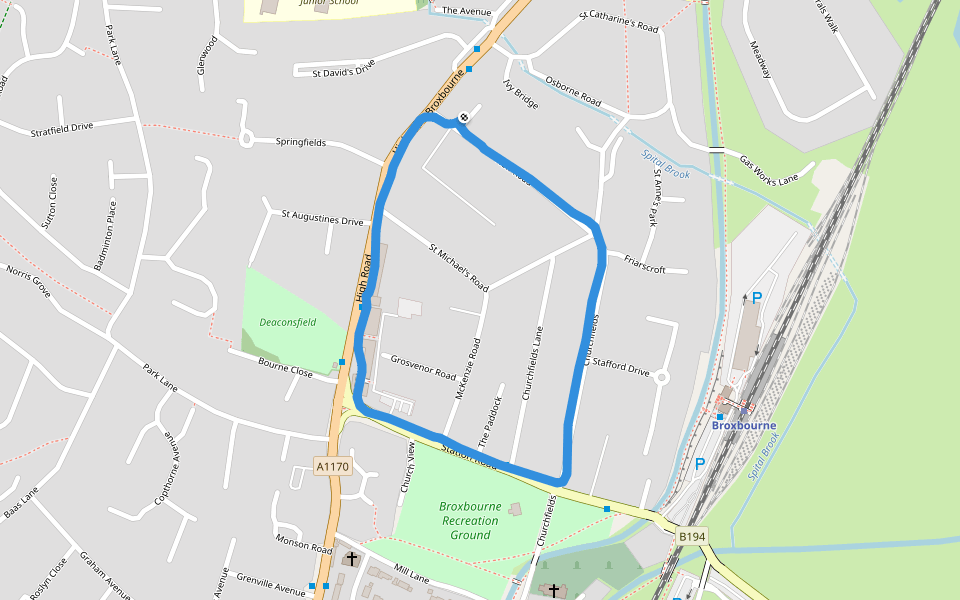 Broxbourne Recreation Ground walking route map in Broxbourne