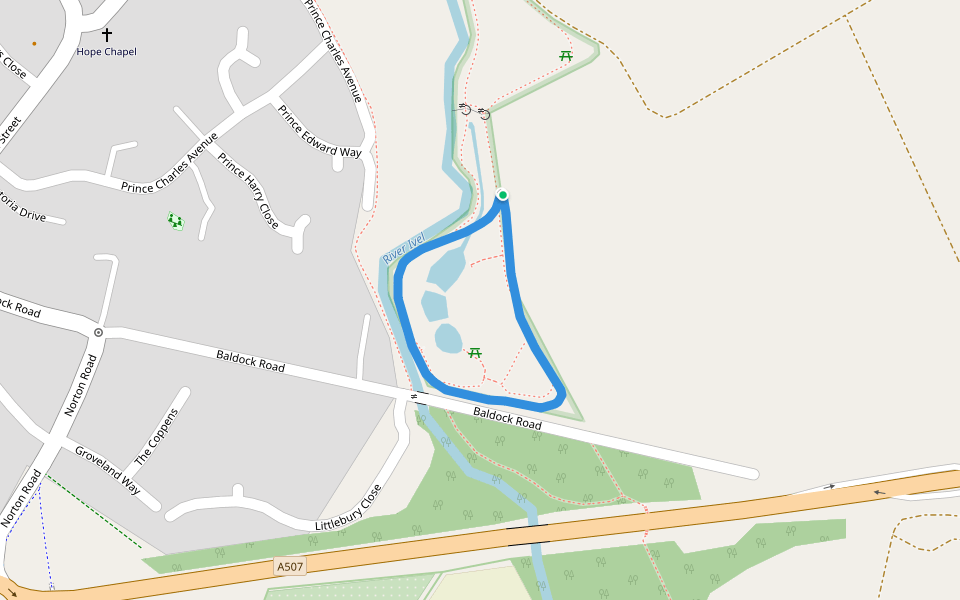 Stotfold Watermill Nature Reserve walking route map in Stotfold