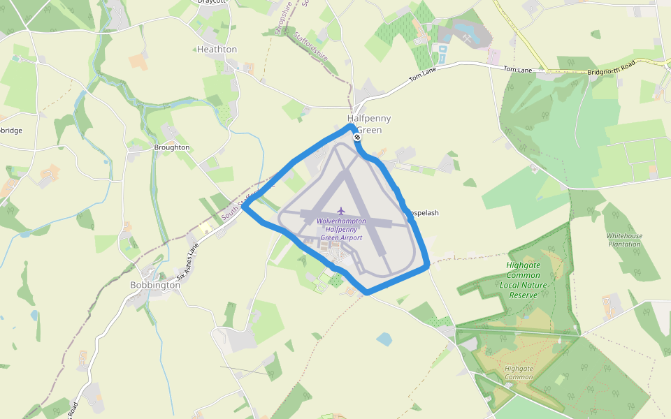 Wolverhampton Halfpenny Green Airport walking route map in Bobbington