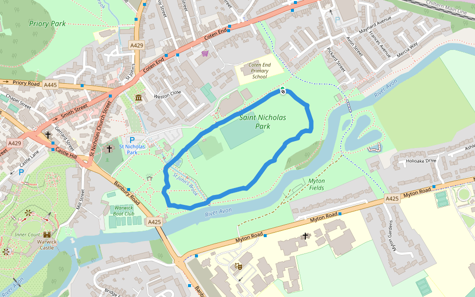 Saint Nicholas Park walking route map in Warwick