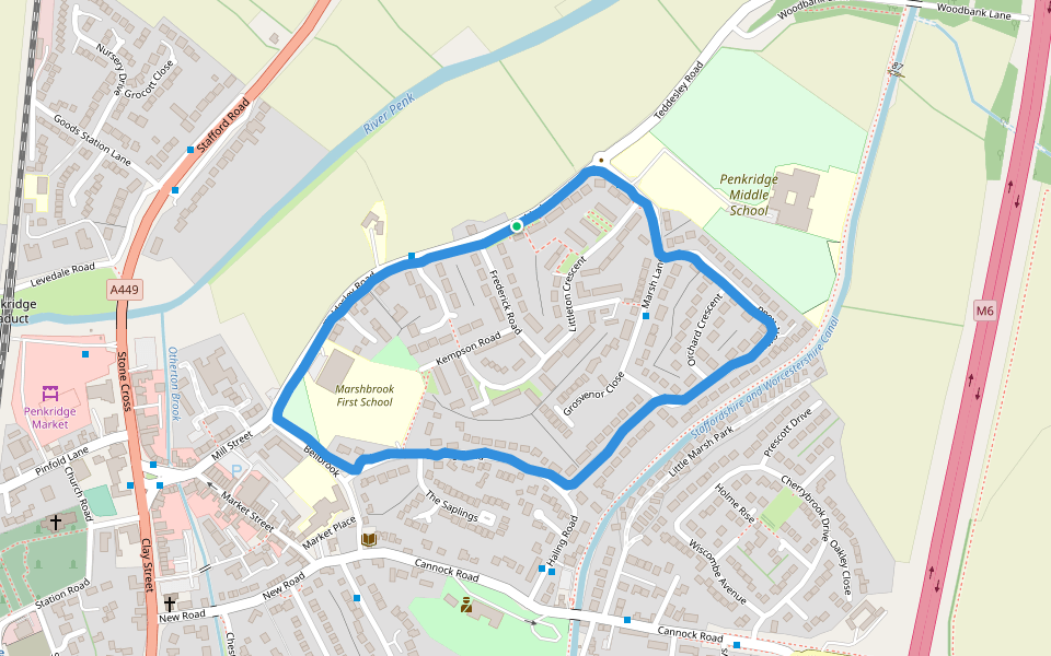 Horsefair Play Area walking route map in Penkridge