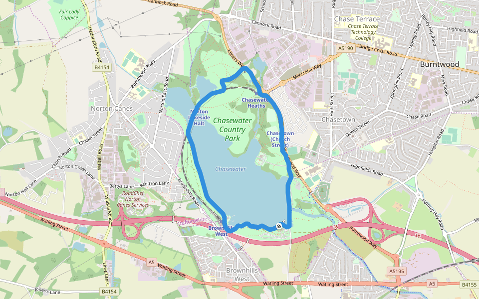 Chasewater Country Park walking route map in Burntwood