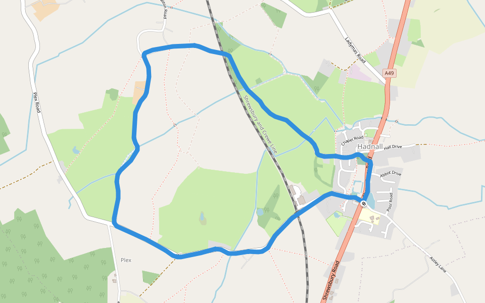 Hadnall Bowling Club walking route map in Hadnall