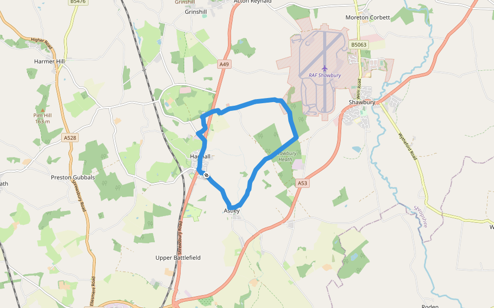 Shawbury Heath walking route map in Hadnall