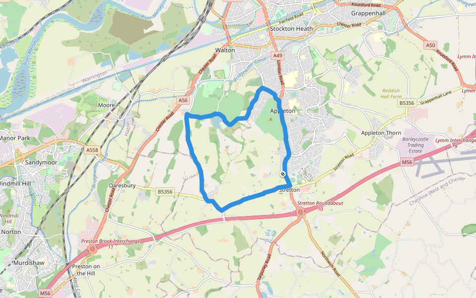Appleton Reservoir walking route map in Stretton