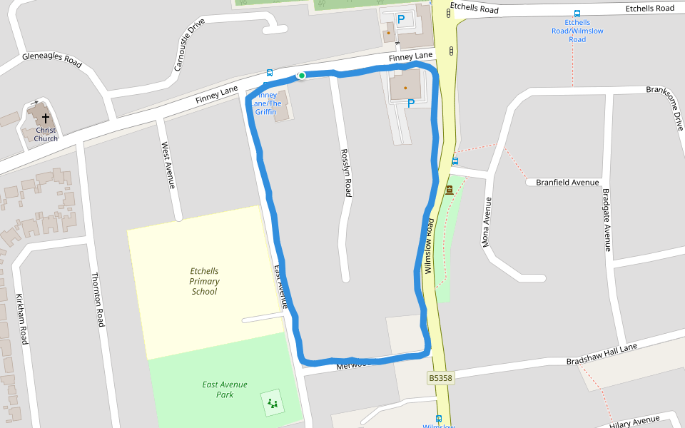 East Avenue Park walking route map in Heald Green