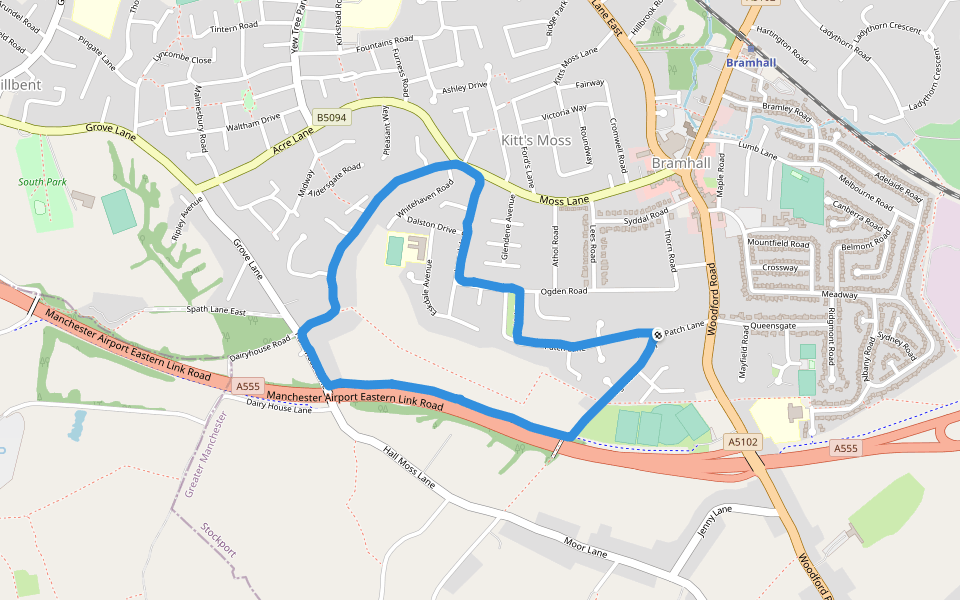 Moss Hey Primary walking route map in Bramhall
