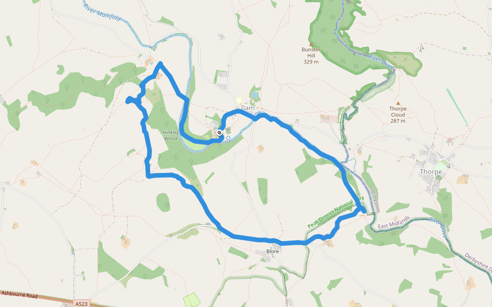 Hinkley Wood walking route map in Ilam